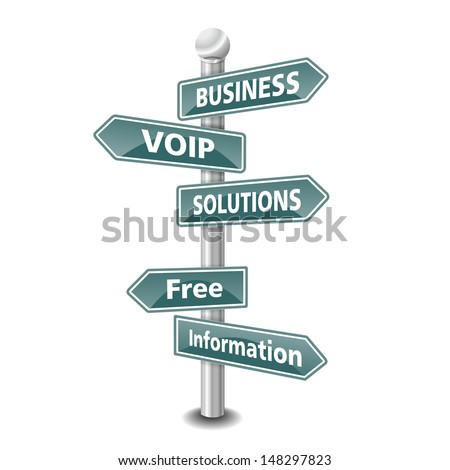 the words BUSINESS VOIP SOLUTIONS icon designed as green road signpost 