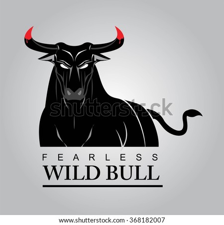 Black Bull with the Bloody Horns. Half body of the wild bull, consist of 3 layers, wild bull on the grey background, blood on the horn ( then you can hide the blood ), and one hidden white background. - stock vector