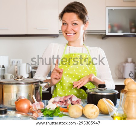 mug set pot noodle fork woman and vegetables with Young soup meat home at cooking stock mug set pot noodle fork woman and vegetables with Young soup meat home at cooking stock