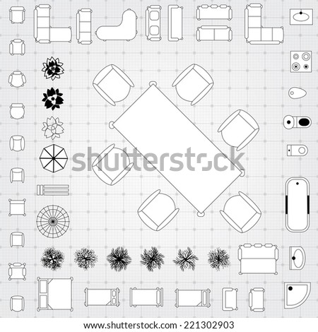 Set of simple flat vector icons furniture for floor plan outline 