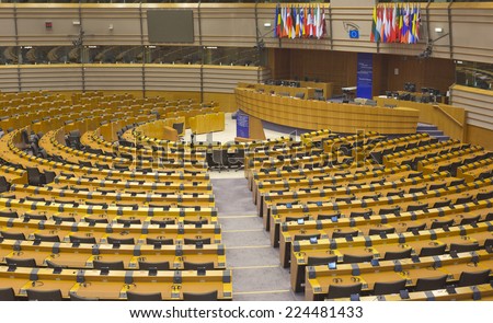 BRUSSELS, BELGIUM - JULY 24, 2014: The European Parliament hemicycle (debating chamber) - stock photo
