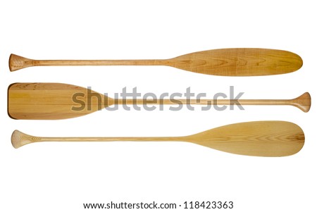 three wooden canoe paddles with different shape of blades including 