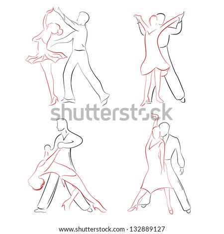 Four pairs of ballroom dancers in various poses. Sketches, drawn by
