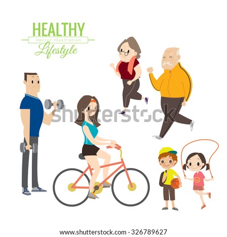 healthy lifestyle happy family exercising vector cartoon illustration ...