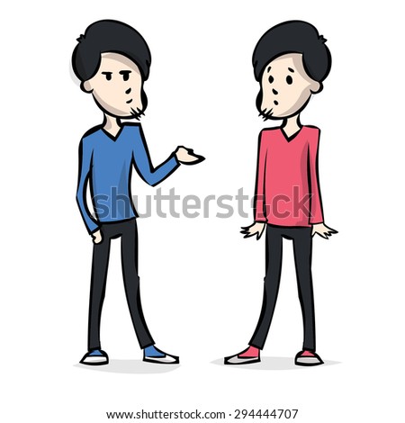 Two young men talk, lead a discussion. Hand drawn cartoon vector