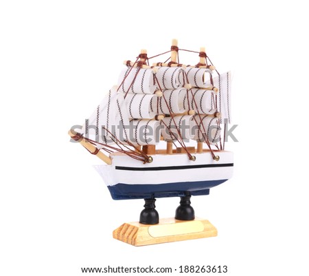 Boat model. Small wooden ship. Isolated on a white background. - stock 
