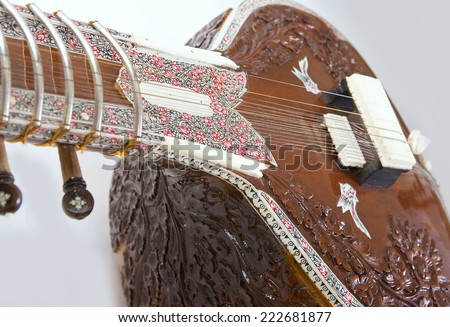 Sitar, a string Traditional Indian musical instrument, closeup 
