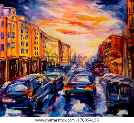 Scenic cityscape .Oil painting on canvas. - stock photo