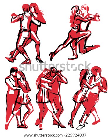 Set of hand drawn quick sketches of dancing couple in various poses