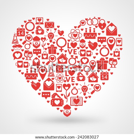 St. Valentine's Day card design. Heart made of love icons - stock ...