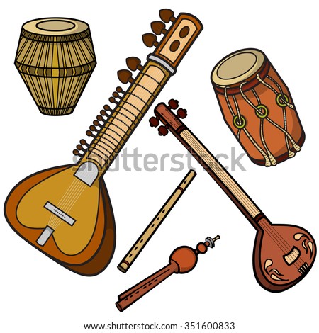 Set of hand drawn traditional Indian musical instruments. Sitar 