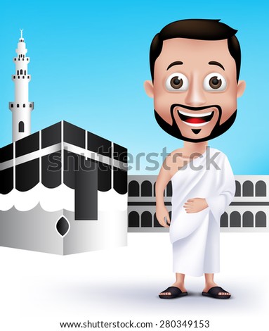 Realistic Muslim Man Character Wearing Ihram Cloths for Performing Hajj or Umrah Pilgrimage in Kaaba in Makkah with Black Stone in Background. Editable Vector Illustration. - stock vector