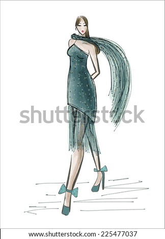 Fashion, walking model in a blue night dress - stock vector
