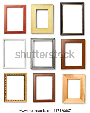 collection of various wooden frames for painting or picture on white 