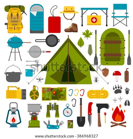 Camping equipment vector collection. Binoculars, bowl, barbecue, boat 
