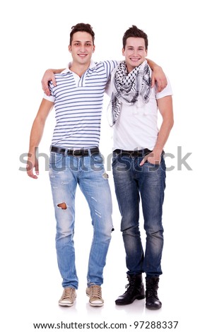 Posing on color background Happy gay couple outdoors Posing on color background Happy gay couple outdoors