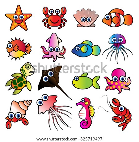 sea animal vector cartoon, cute aquatic animals, Coloring Book or Page