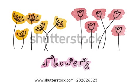 Set (1/2) of abstract black hand drawn flowers on watercolor blots in doodle style. Vector Illustration EPS8. - stock vector