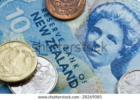 ten <b>new zealand</b> dollar with coins - stock photo - stock-photo-ten-new-zealand-dollar-with-coins-28269085