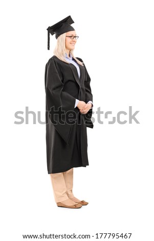 Full length portrait of young woman in graduation gown isolated on ... Full length portrait of young woman in graduation gown isolated on ...