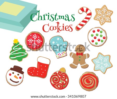 Drawing of colorful Christmas cookies isolated in white. - stock vector
