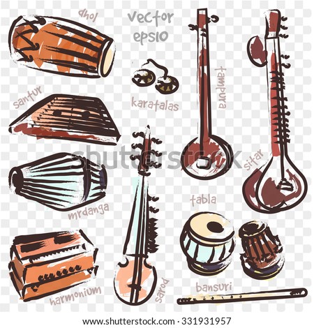 Isolated traditional indian instruments. Vector set for music 