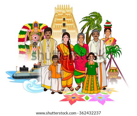  of Tamil family showing culture of Tamil Nadu, India  stock vector