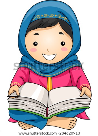 Illustration of a Little Muslim Girl Reading the Quran - stock vector