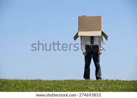 Man standing in park with cardboard box over his head - stock photo