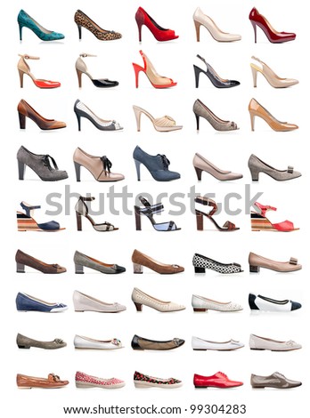 Collection of various types of female shoes over white - stock photo
