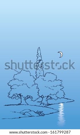 Vector background with night landscape. The trees above the river 