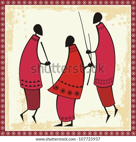 Vector illustrations of African Masai warriors in traditional clothing. - stock vector