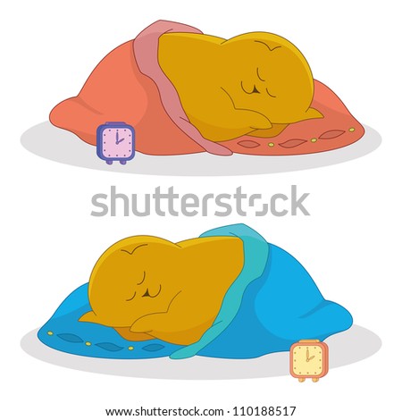 Cartoon, fat cat sleeps under the blanket, alarm clock beside him ...