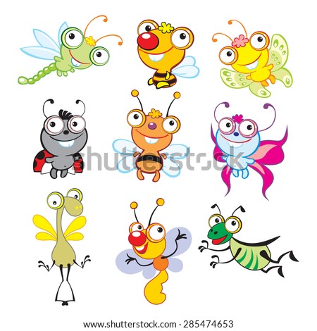 Cartoon Insects. Big Eyes Animals Set. Funny Insects. - Stock Vector