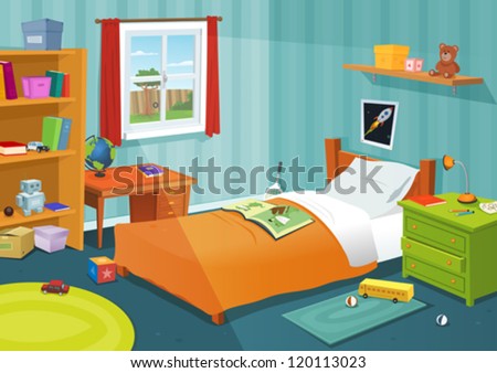 Some Kid Bedroom/ Illustration of a cartoon children bedroom with boy ...