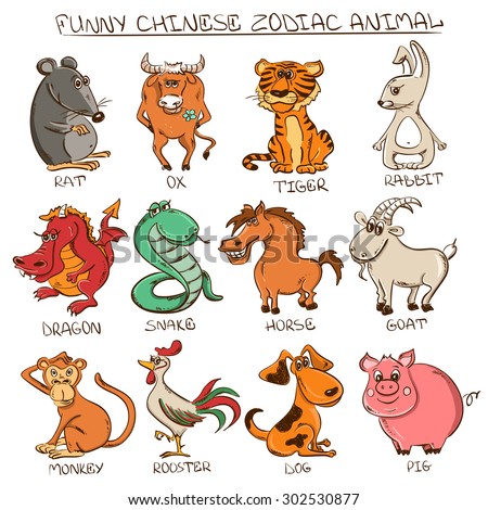 Cartoon colorful set of twelve isolated funny Chinese Zodiac animals