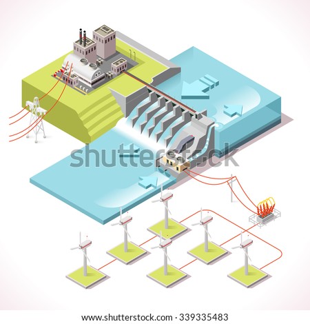 Systems Hydroelectric Plant and Windmill Factory. Isometric Electric 