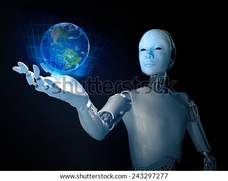 Android holding a holographic Earth  - stock photo