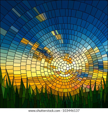  of sunset in blue sky in grass stained glass window.  stock vector