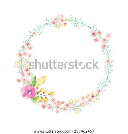 Hand drawn watercolor flower wreath - stock photo