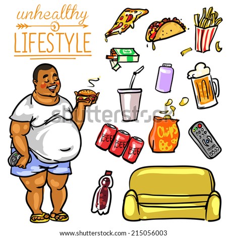 Unhealthy Lifestyle. Hand drawn cartoon collection - stock vector