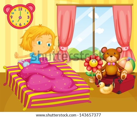 Illustration of a young girl waking up - stock vector
