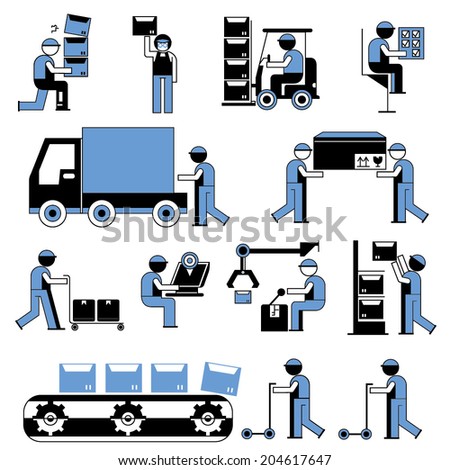 service people icons, working people in factory, cargo and shipping ...