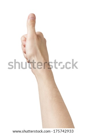 adult man hand thumb up pov view, isolated on white - stock photo