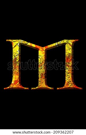 M fire letter cracked on black background - stock photo