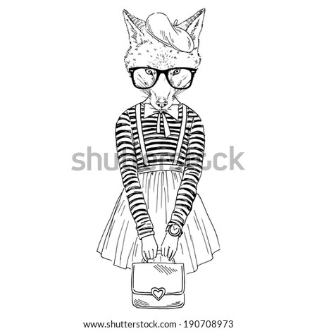 fashion illustration of foxy girl dressed up in french retro style ...