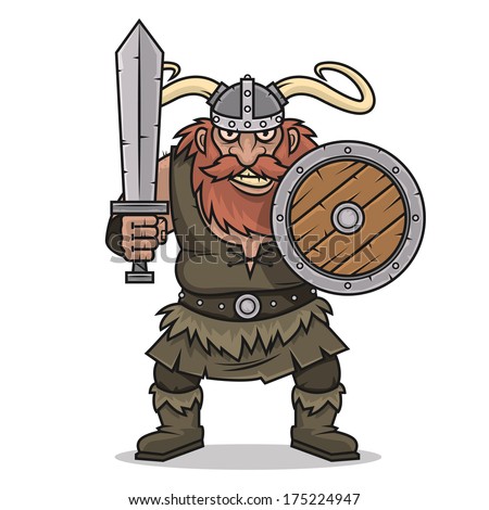 Angry Viking stand with sword and shield - stock vector