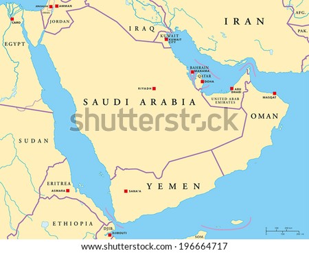 Arabian Peninsula Political Map with capitals, national borders, most ...