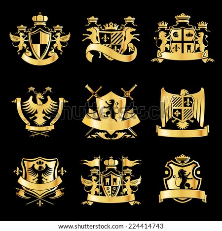 Heraldic royal art symbols decorative emblems golden set with griffin ...