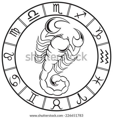 Line art Scorpio sign in the round zodiac frame. Vector Illustration ...